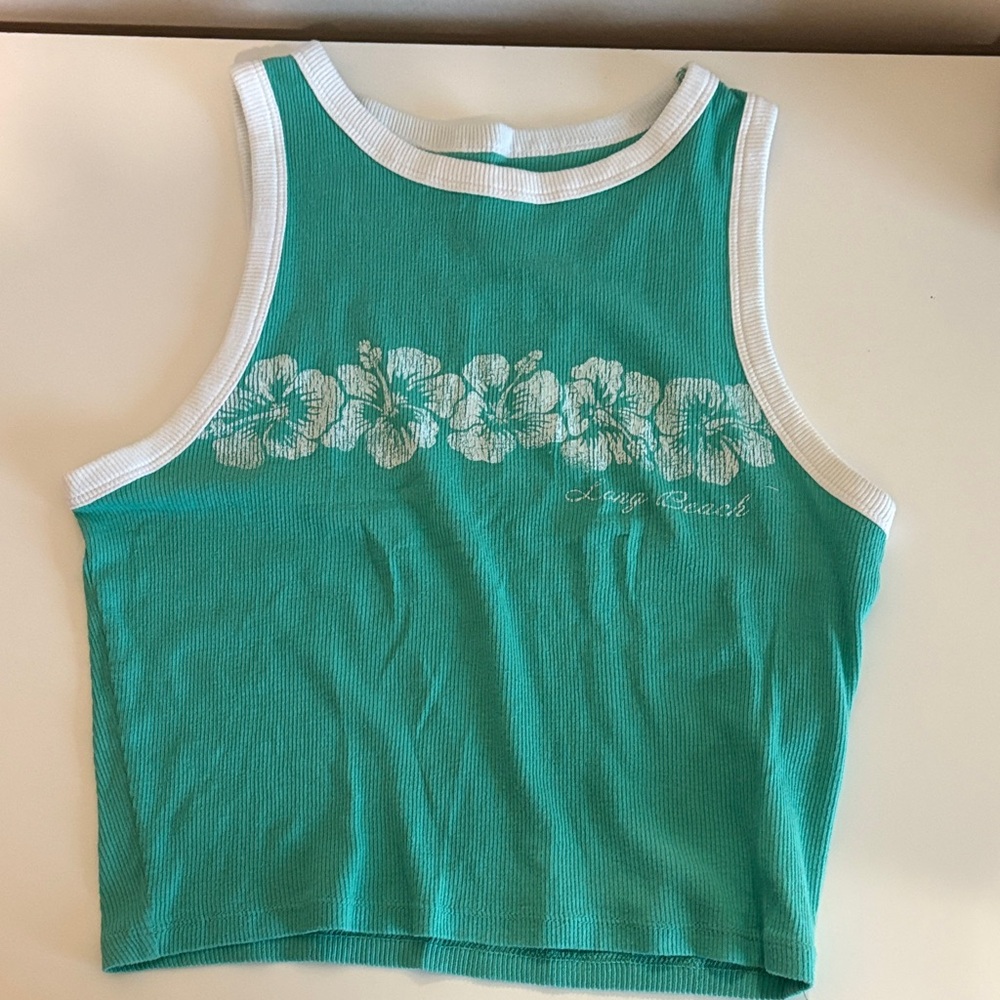 Hollister Long beach Green and White Floral Tank Top